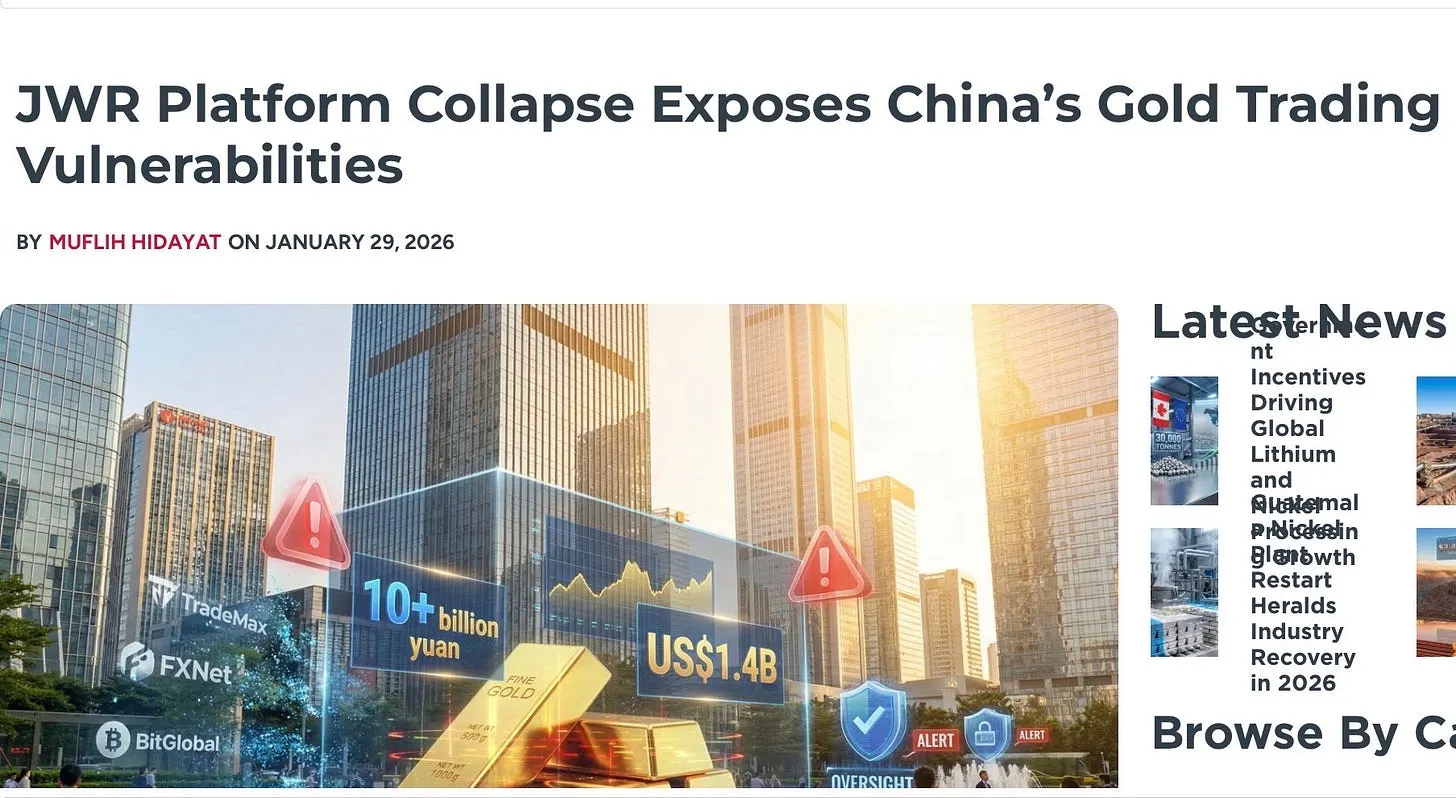 News headline: JWR Platform Collapse Exposes China's Gold Trading Vulnerabilities, over an image of gold bars marked 10+ billion yuan and US$1.4B