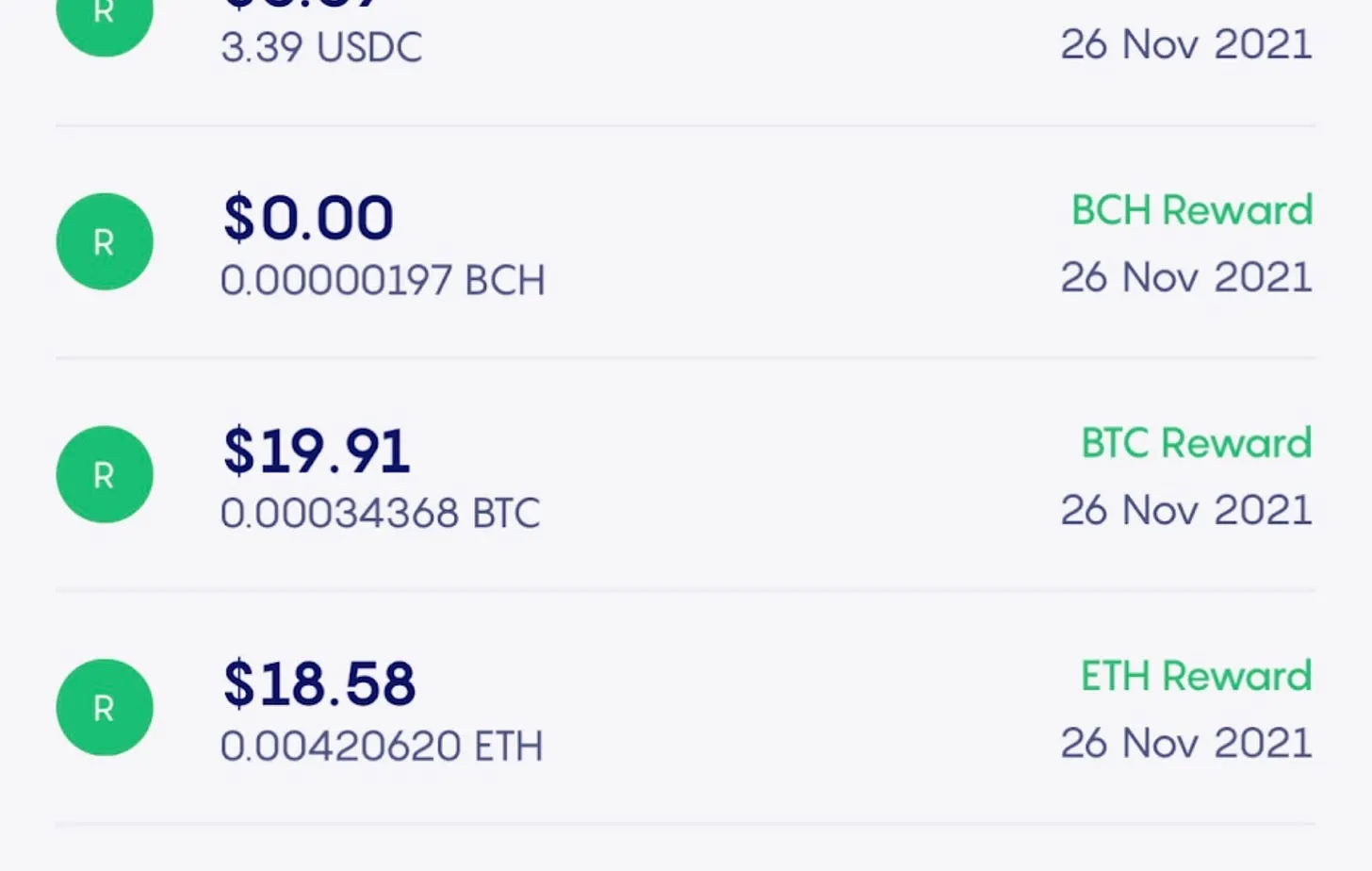 App list of rewards dated 26 Nov 2021, including $19.91 in BTC and $18.58 in ETH