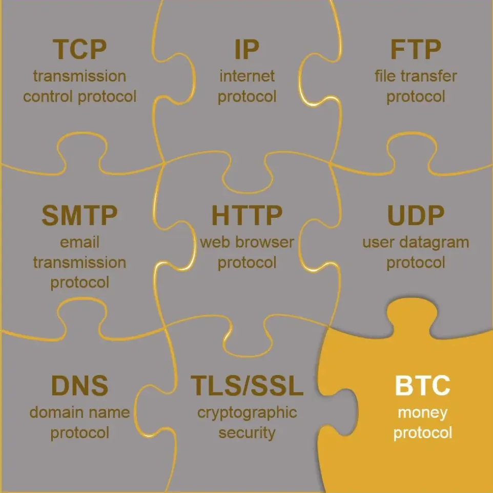 Puzzle pieces naming internet protocols: SMTP for email, HTTP for web browsers, UDP, DNS, TLS/SSL for cryptographic security, and BTC as the money protocol