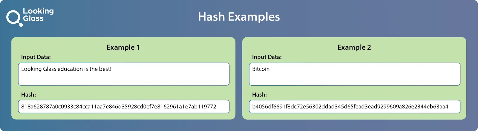 SHA256 hash examples, showing input data and the hash produced from it