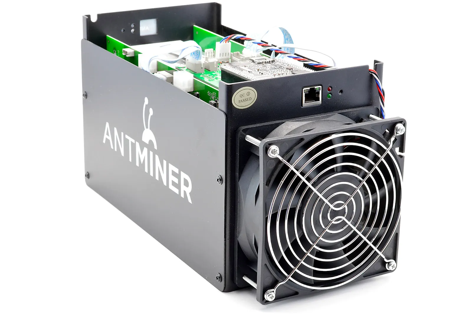 An Antminer ASIC Bitcoin mining machine with a large cooling fan