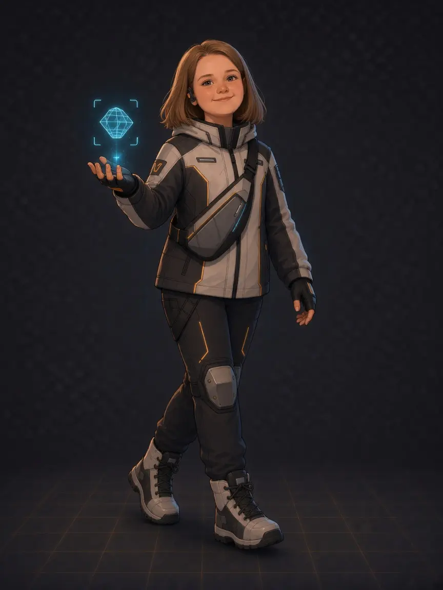 Evie walks forward, scanning with a small glowing hologram above her open hand.