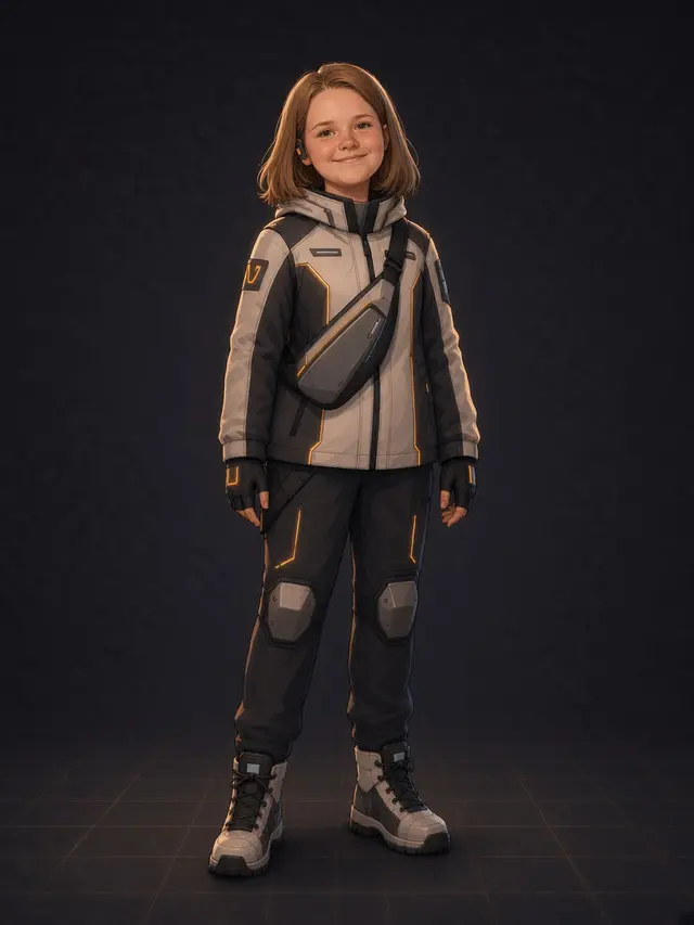 Evie, an illustrated girl in a graphite and white field agent jacket with amber seams, standing and smiling.