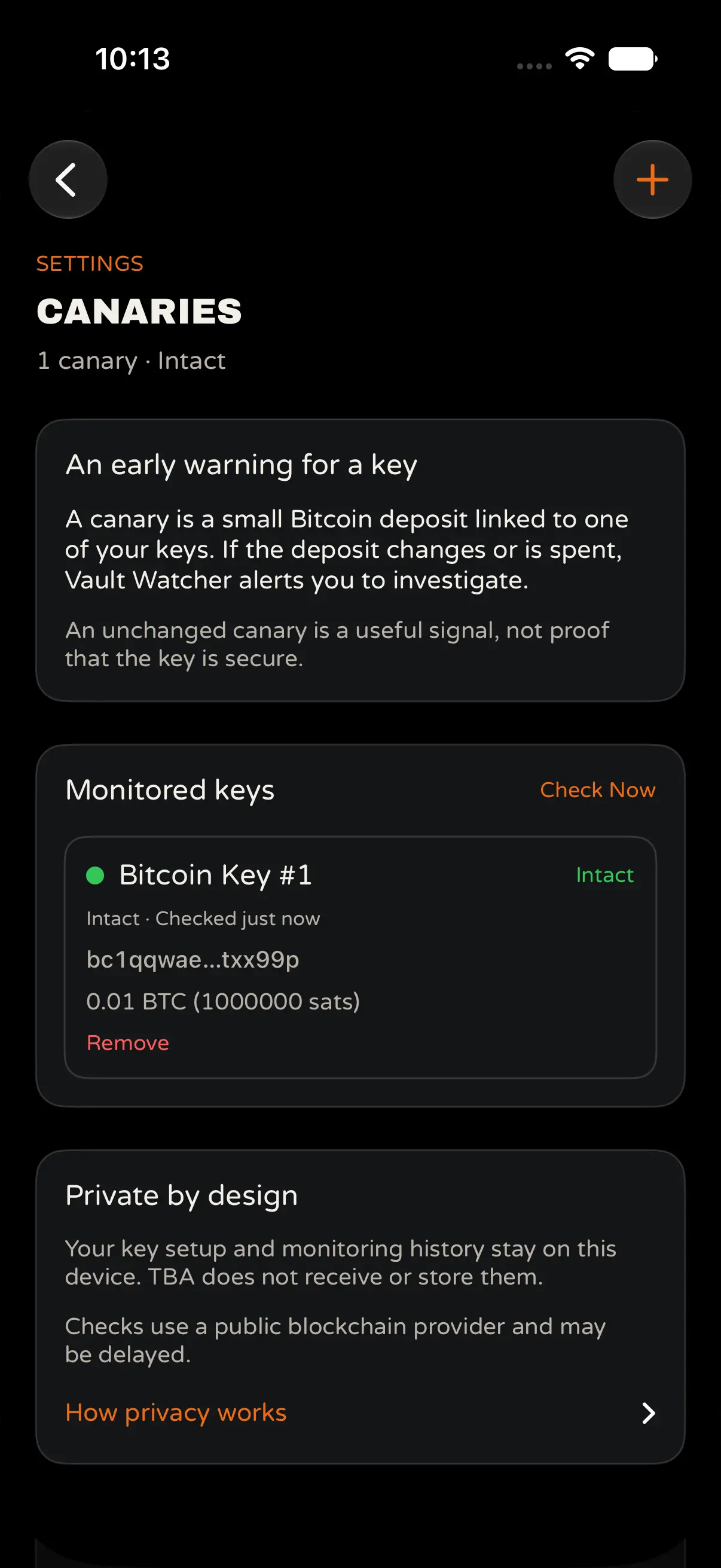Vault Watcher Canaries list showing Intact status for Bitcoin Key #1 and privacy copy