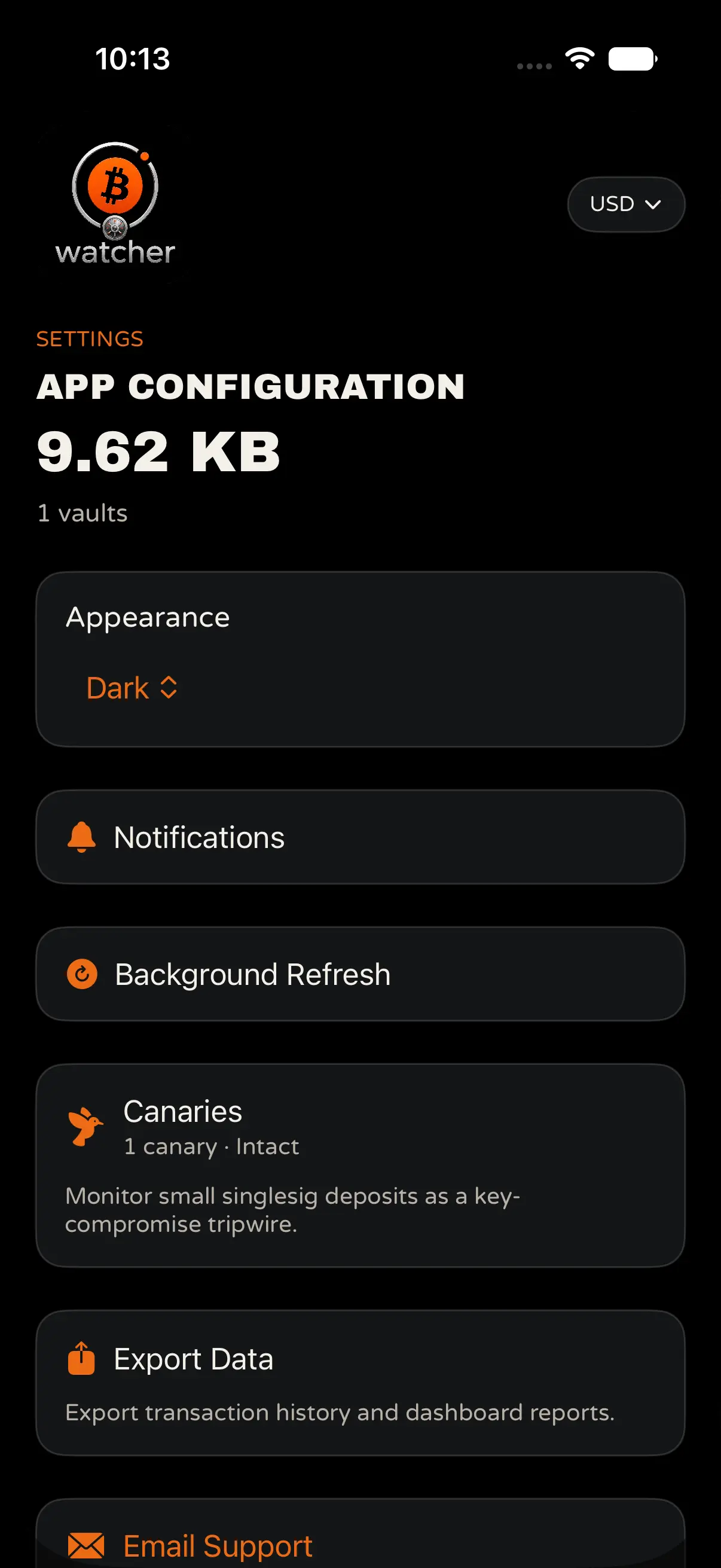 Vault Watcher Settings showing the Canaries row under App Configuration