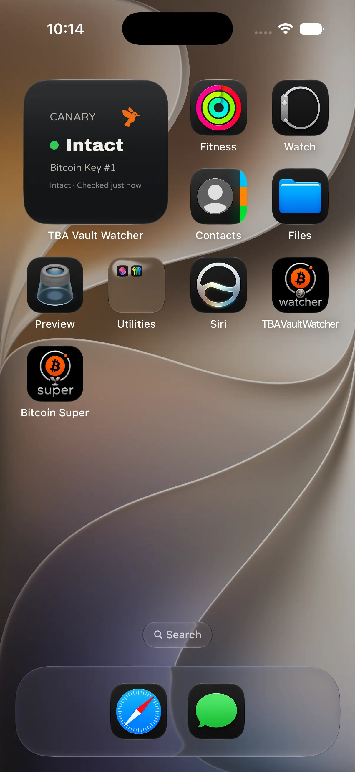 Vault Watcher home-screen widget showing CANARY Intact for Bitcoin Key #1