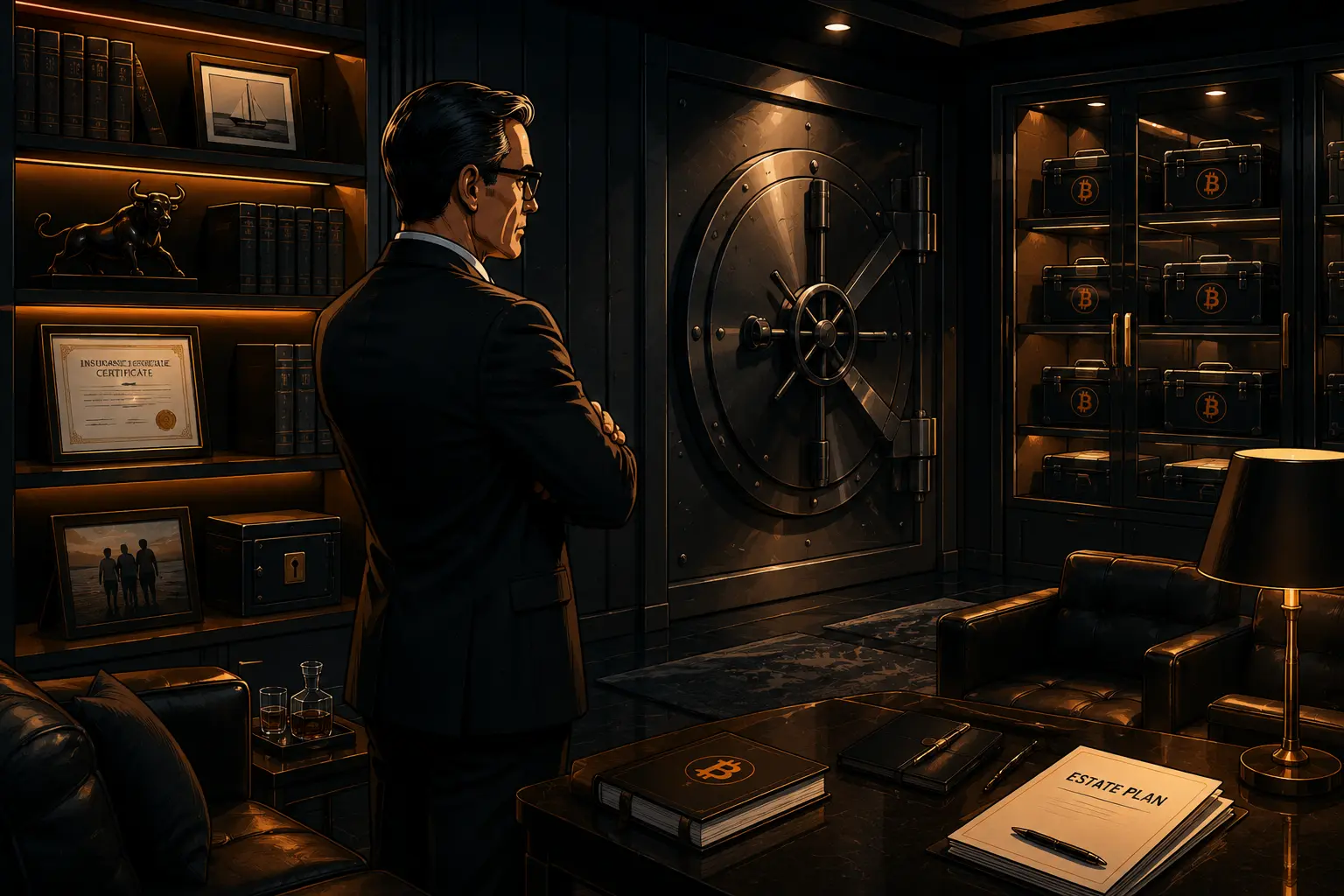 Private study with a bank vault, insurance certificate and estate plan documents under warm desk lighting