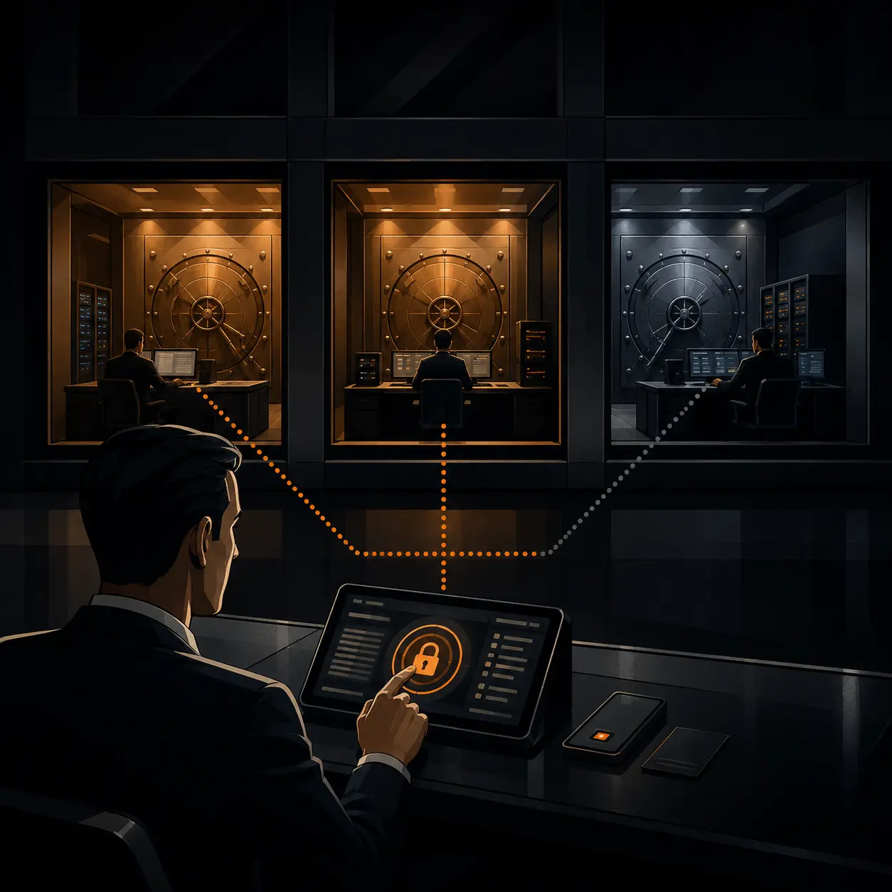 Client authorising in the foreground while three separate institutional vault rooms hold signing authority behind them
