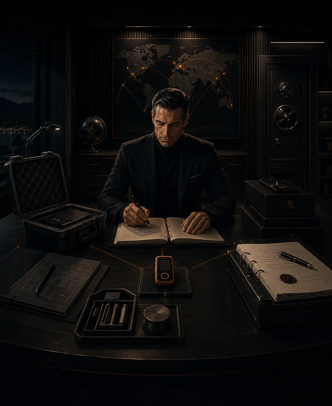 Owner-centred private security room with hardware signer, backups, documents and succession materials all converging on one person