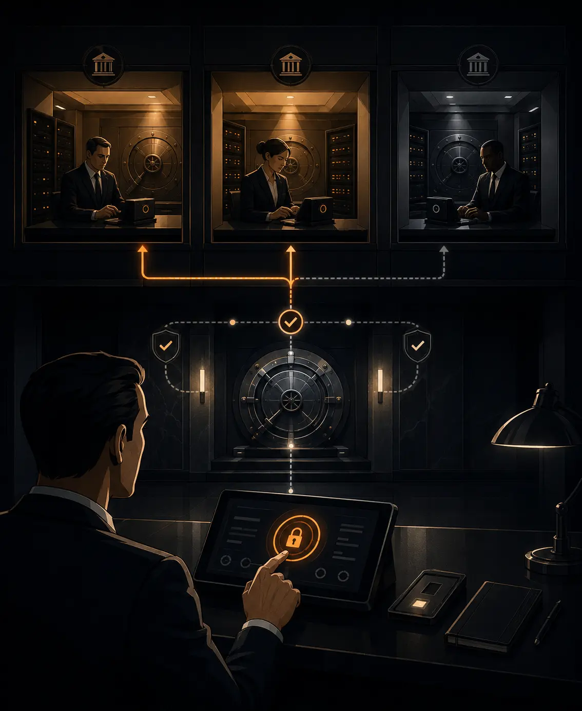 Client at an authorisation console in the foreground with three independent institutional signing chambers above, two illuminated for quorum