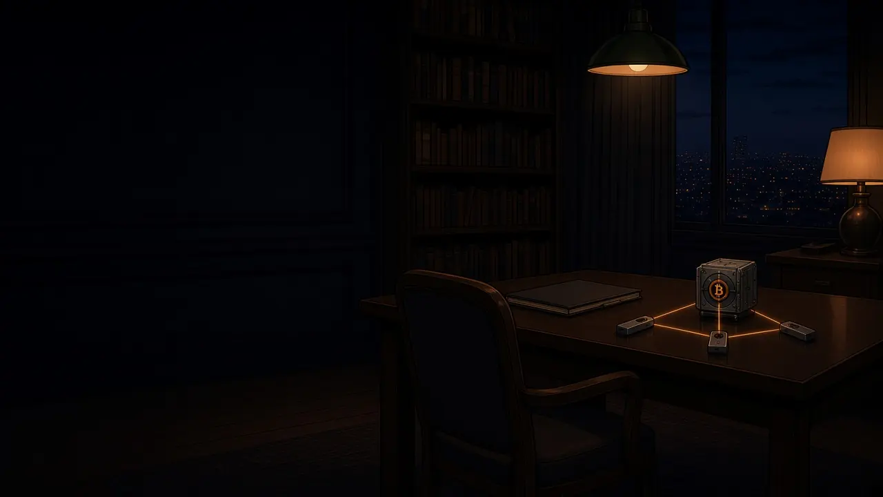 An adviser's prepared desk at night with an empty client chair and a small vault on the desk.